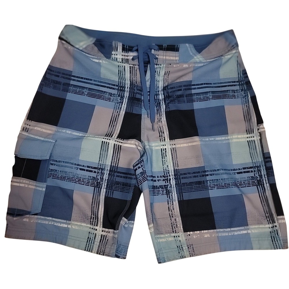 Arizona Board Shorts Mens 36 Blue Plaid Cargo Pocket Stretch Swim Trunks Surfer